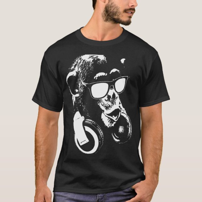 Chimp-apa med hörlurar och solglasögon t shirt (Framsida)