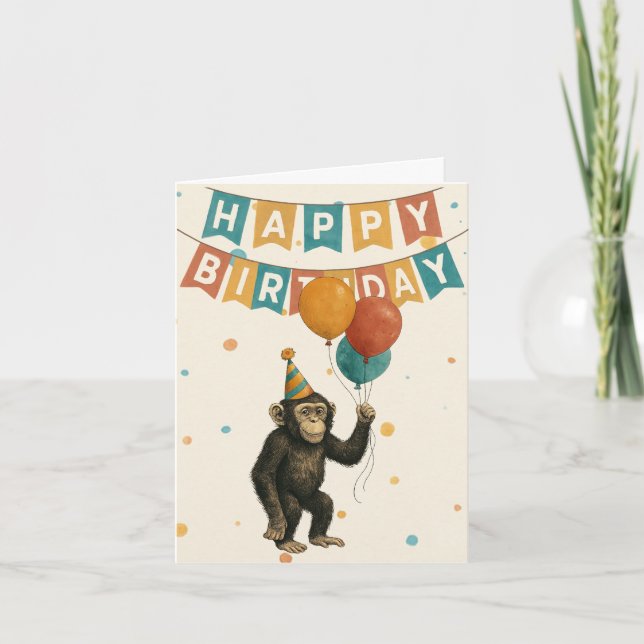 Chimp Birthday Card - Roligt Party Kort (Framsida)