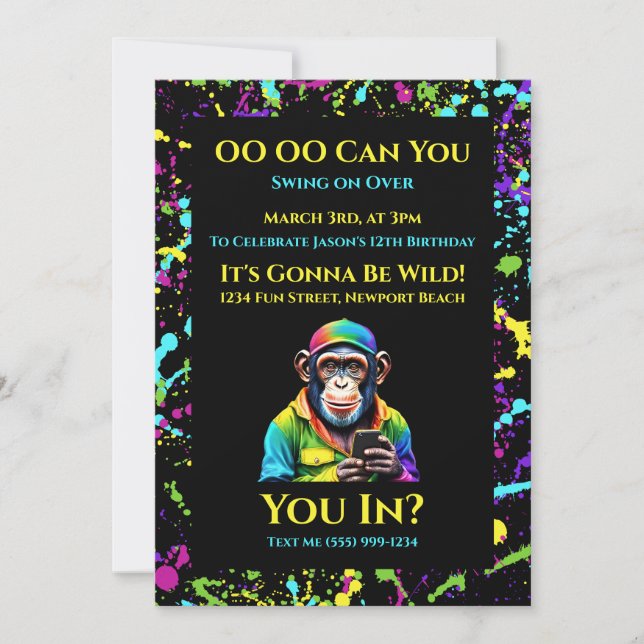 Chimp Chatta- Colorful Chimpanzee med Mobila Inbjudningar (Framsida)