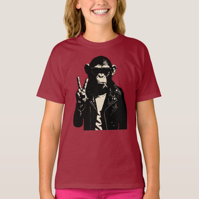 Chimpans Rebell Fredstecken Läder T Shirt (Framsida)