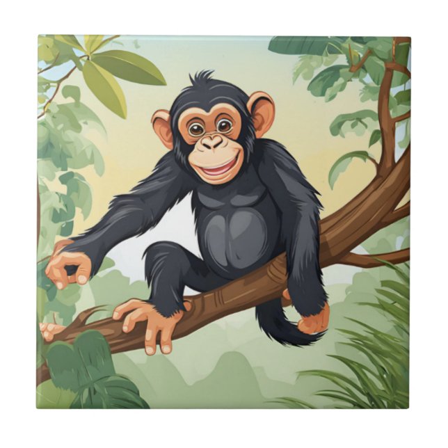 Chimpanzans med hennes söta svan på greeterna gren kakelplatta (Framsidan)