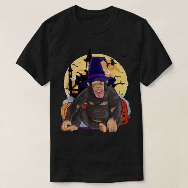 Chimpanzee Cute Halloween Witch Pumpkin T Shirt (Design framsida)