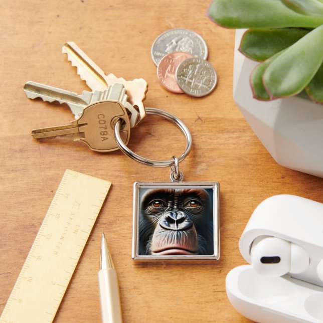 Chimpanzee Cute Monkey Save The Chimps Ape Fyrkantig Silverfärgad Nyckelring (Skrivbord)