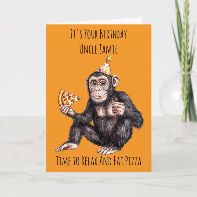 Chimpanzee Eating Pizza Birthday Card Kort (Framsida)
