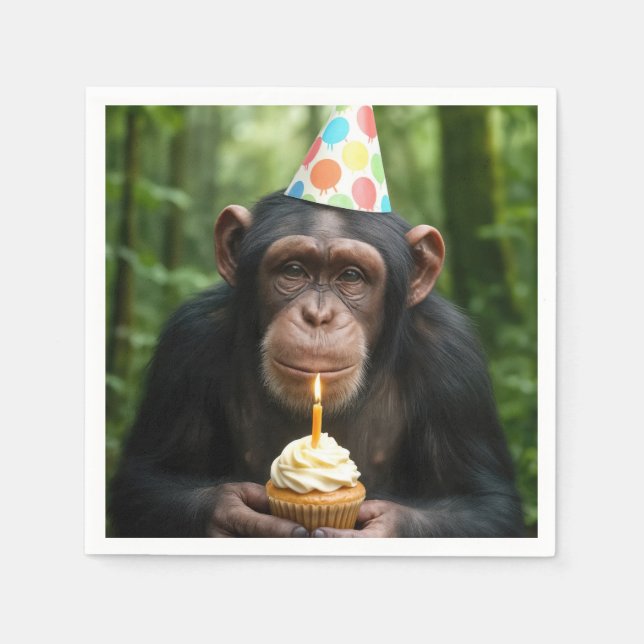 Chimpanzee Holding a Birthday Cuptårta Pappersservett (Framsidan)
