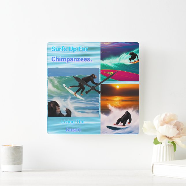 Chimpanzees Surfing Photo Collage, Wall Clock Fyrkantig Klocka (Hem)