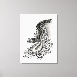China Dragon, Black and white Design i Tattoostyl Canvastryck