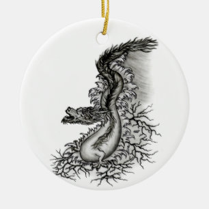 China Dragon, Black and white Design i Tattoostyl Julgransprydnad Keramik
