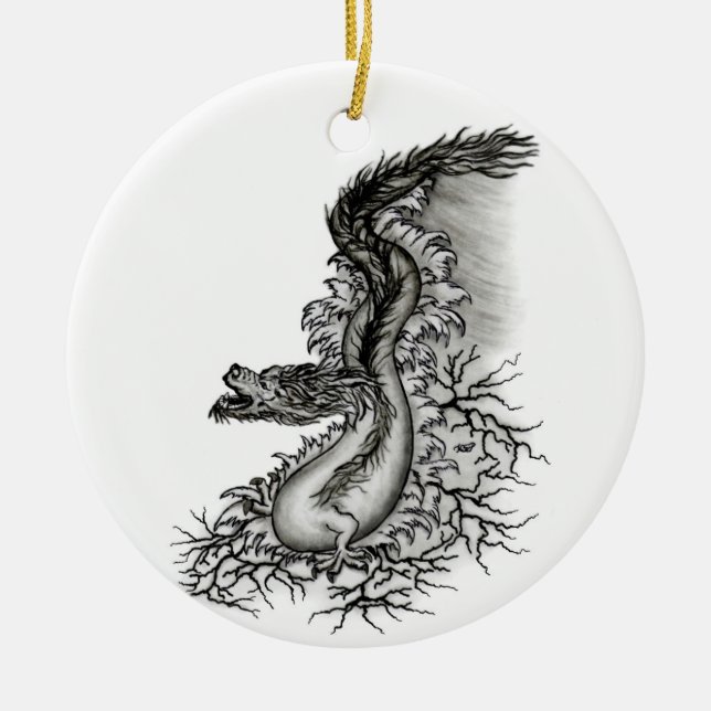 China Dragon, Black and white Design i Tattoostyl Julgransprydnad Keramik (Framsidan)