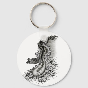 China Dragon, Black and white Design i Tattoostyl Nyckelring