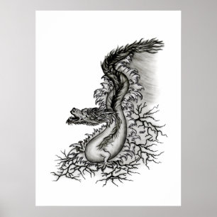 China Dragon, Black and white Design i Tattoostyl Poster