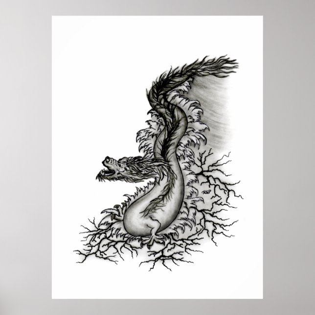 China Dragon, Black and white Design i Tattoostyl Poster (Framsidan)