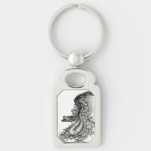 China Dragon i Tattoostyle Rektangulärt Silverfärgad Nyckelring