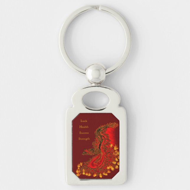 China Dragon red och guld design Rektangulärt Silverfärgad Nyckelring (Framsidan)