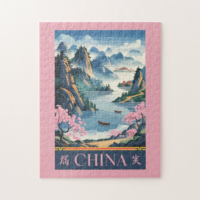China Illustration Pink Travel Art Vintage Pussel (Vertikal)