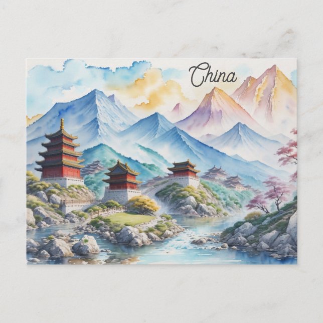 China Kinesiska Pagoda Mountain Watercolor Travel Vykort (Framsida)