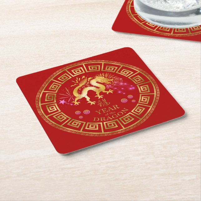 China Zodiac Dragon Red/Guld ID542 Underlägg Papper Kvadrat (Vinklad)
