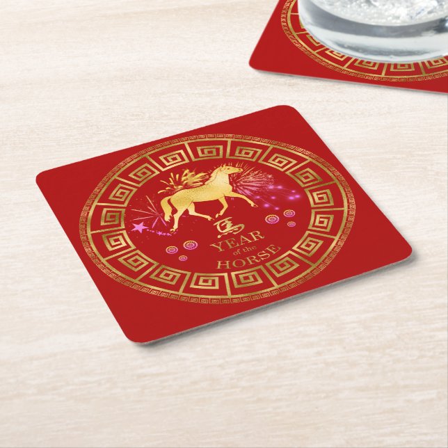 China Zodiac Horse Red/Guld ID542 Underlägg Papper Kvadrat (Vinklad)