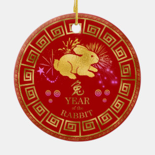 China Zodiac Rabbit Red/Guld ID542 Julgransprydnad Keramik