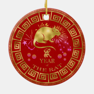 China Zodiac Råtta Red/Guld ID542 Julgransprydnad Keramik