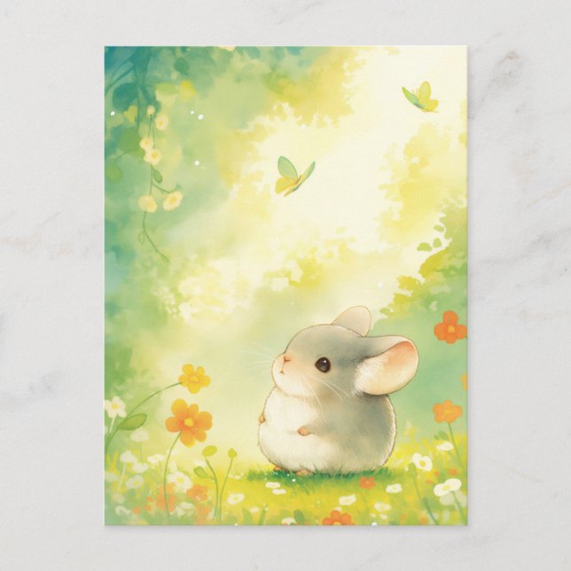 Chinchilla i solig blomsterträdgård med fjäril vykort (Framsida)