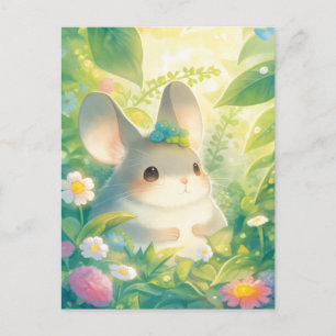 Chinchilla med blå blomkrona i solig trädgård vykort