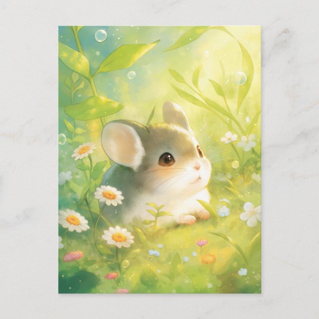 Chinchilla sittande i grön äng med vilda blommor vykort (Framsida)