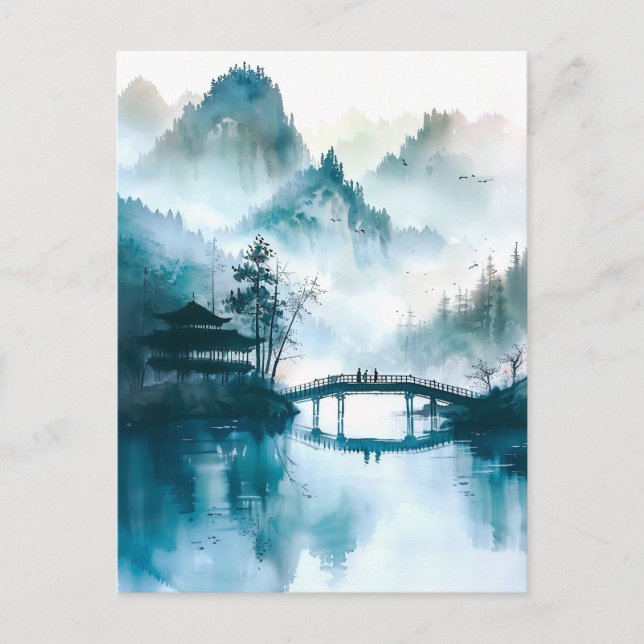 Chinese Bridge in Watercolor at mountain landscape Vykort (Framsida)