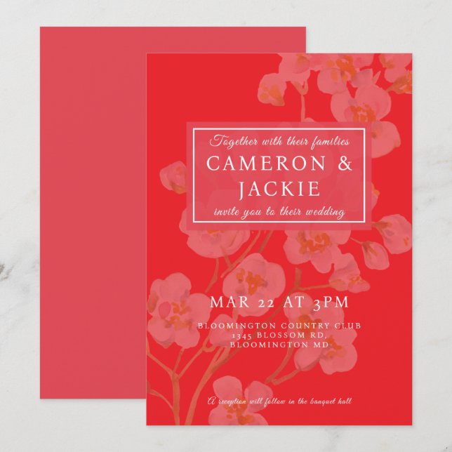 Chinese Cherry Blossom Pink Wedding Inbjudningar (Fram/baksida)