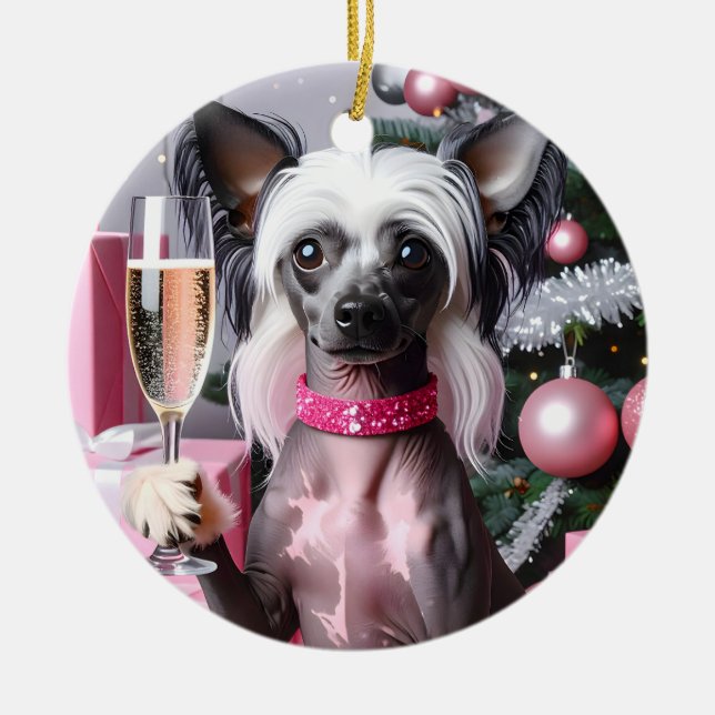 Chinese Crested Christmas Julgransprydnad Keramik (Framsidan)