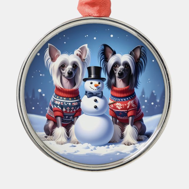 Chinese Crested Dogs & Snowman Christmas Julgransprydnad Metall (Framsidan)