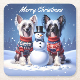 Chinese Crested Dogs & Snowman Christmas Underlägg Papper Kvadrat