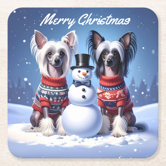 Chinese Crested Dogs & Snowman Christmas Underlägg Papper Kvadrat (Framsidan)