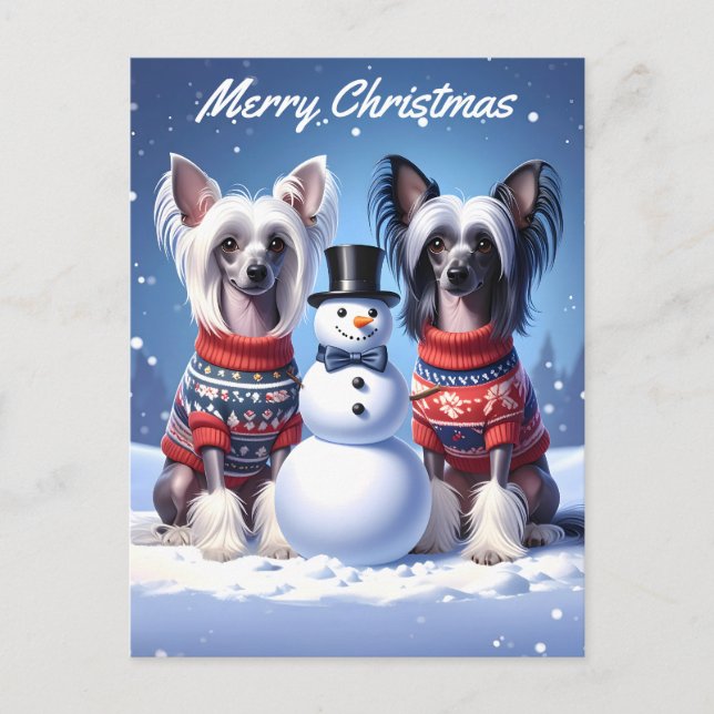 Chinese Crested Dogs & Snowman Christmas Vykort (Framsida)