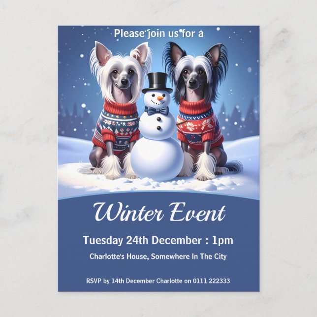 Chinese Crested Dogs & Snowman Inbjudan Vykort (Framsida)