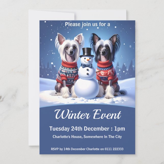 Chinese Crested Dogs & Snowman Inbjudningar (Framsida)