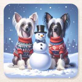 Chinese Crested Dogs & Snowman Underlägg Papper Kvadrat