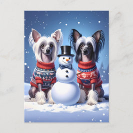 Chinese Crested Dogs & Snowman Vykort