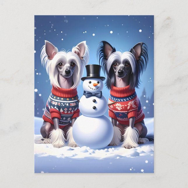 Chinese Crested Dogs & Snowman Vykort (Framsida)
