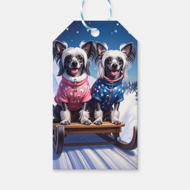 Chinese Crested Sled Ride Christmas Presentetikett (Framsidan)