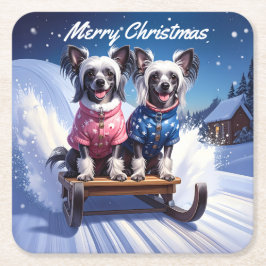 Chinese Crested Sled Ride Christmas Underlägg Papper Kvadrat