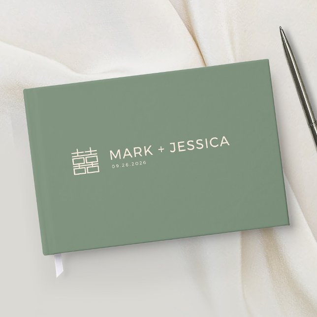 Chinese Double Happiness Green Wedding Gästböcker (Skapare uppladdad)