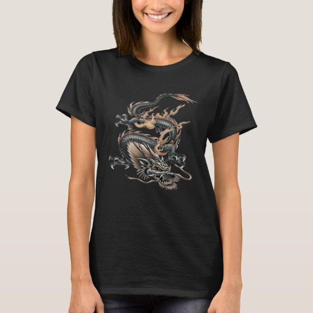 Chinese Fire Dragon In Light Gray And Caramel Yell T Shirt (Framsida)