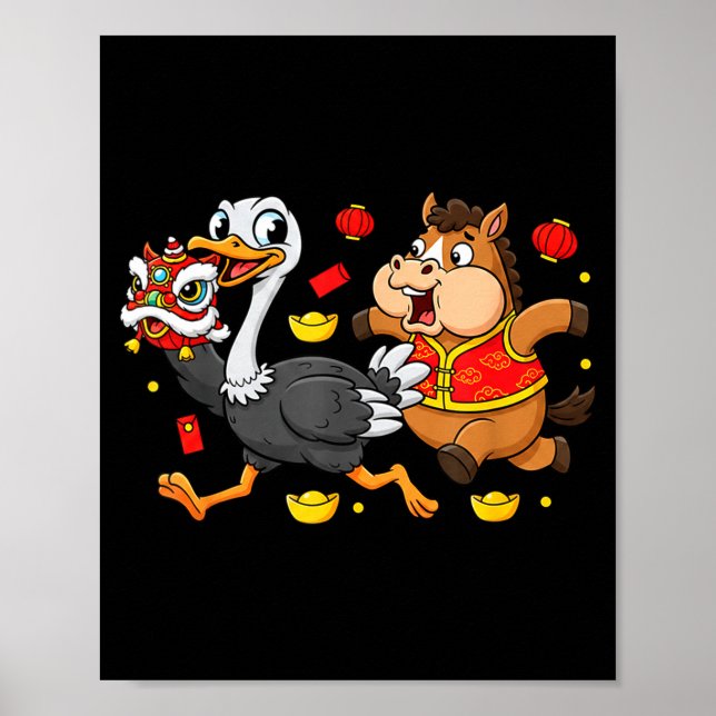 Chinese Horse Ostrich Funny Kids Mens Womens Happy Poster (Framsidan)