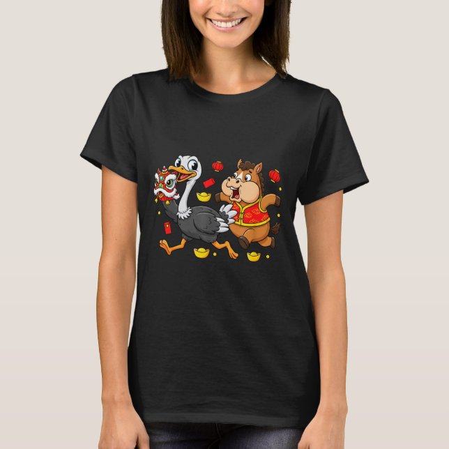 Chinese Horse Ostrich Funny Kids Mens Womens Happy T Shirt (Framsida)