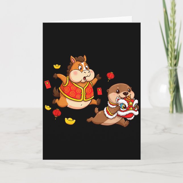 Chinese Horse Otter Funny Kids Mens Womens Happy N Kort (Framsida)