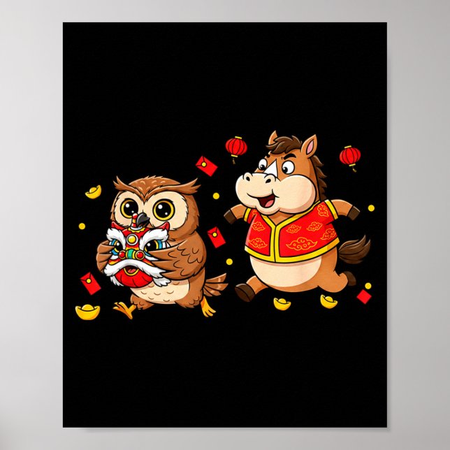Chinese Horse Owl Funny Kids Mens Womens Happy New Poster (Framsidan)
