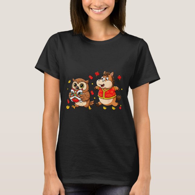 Chinese Horse Owl Funny Kids Mens Womens Happy New T Shirt (Framsida)