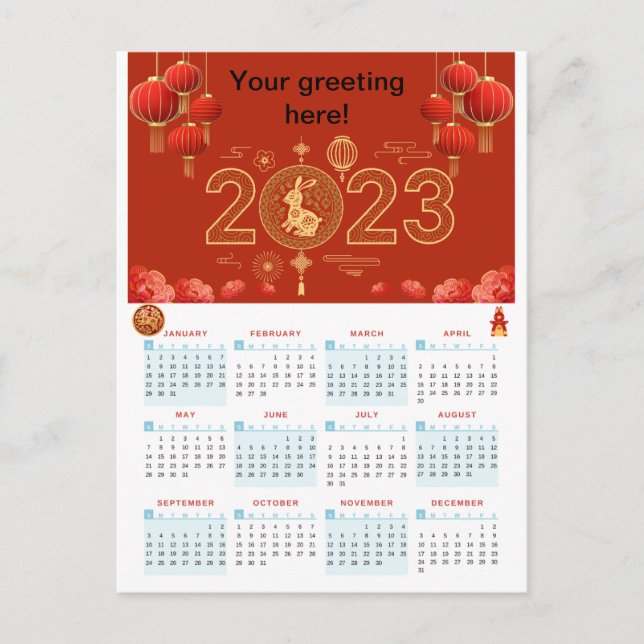 Chinese New Year 2023 Rabbit calendar Card Vykort (Framsida)