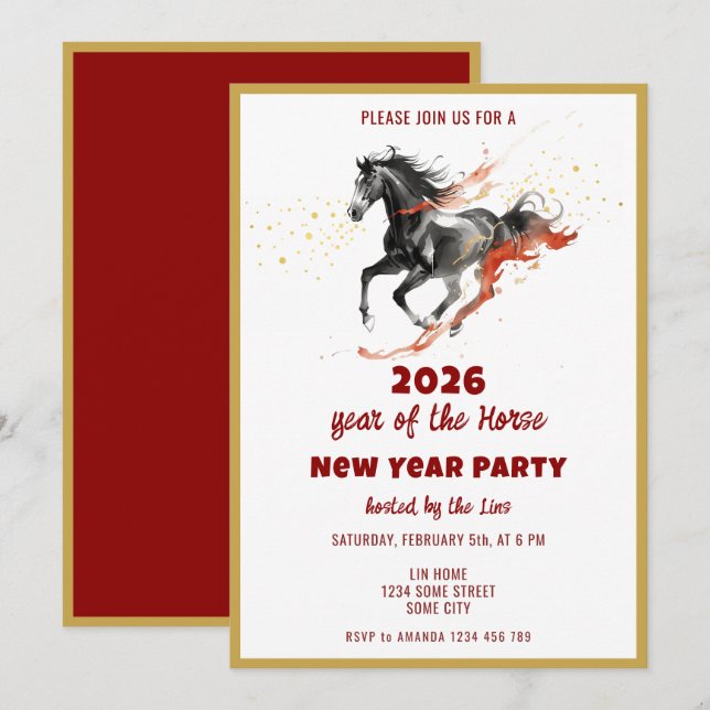 Chinese New Year 2026 Horse Ink New Year Party Inbjudningar (Fram/baksida)